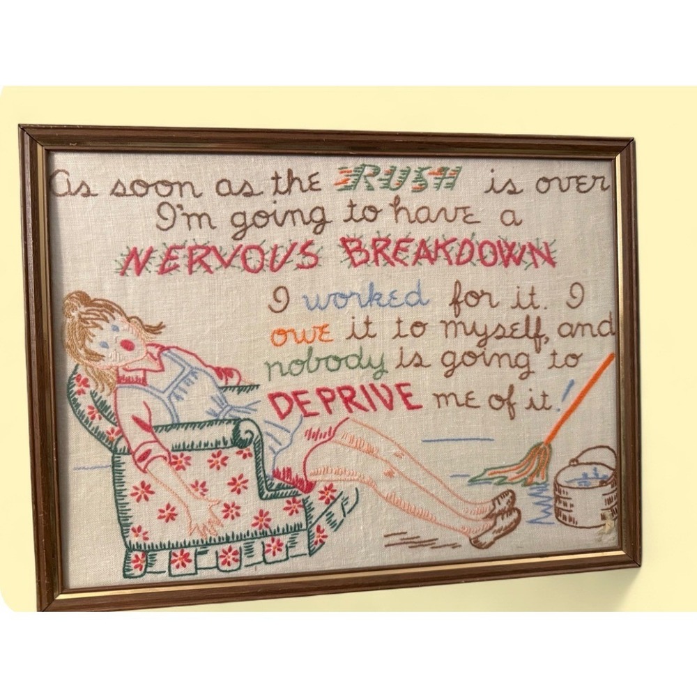 Vintage Nervous Breakdown Hand Embroidered Framed Wall Art Funny Housewife Decor